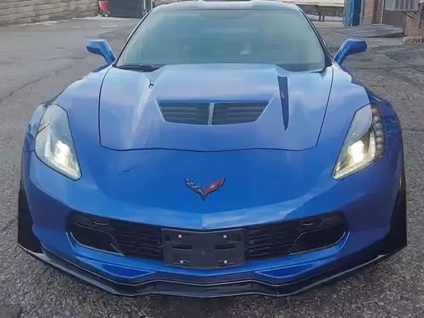 Blue Corvette with paint protection film on hood