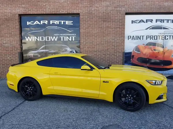 window tinting installed on Yellow Ford Mustang